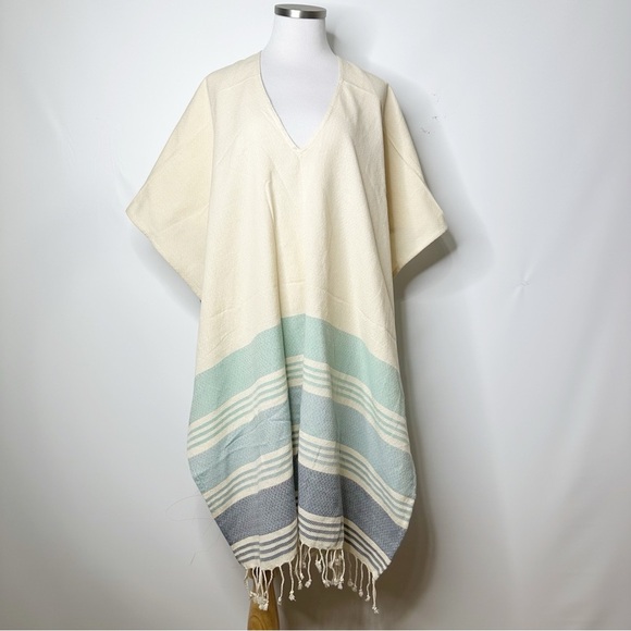 Tribe Alive One Size Cotton Striped Poncho with Fringe Swimsuit Cover - Picture 2 of 4